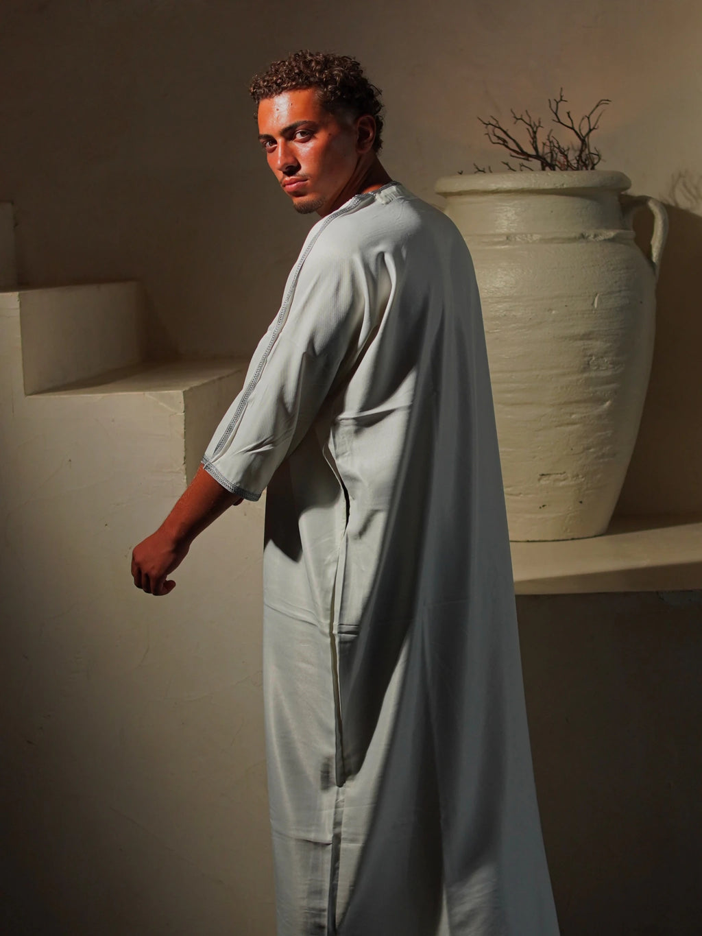 Men’s Gabardine Gandoura in White & Grey
