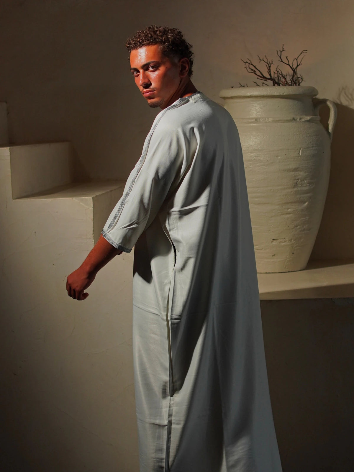 Men’s Gabardine Gandoura in White & Grey