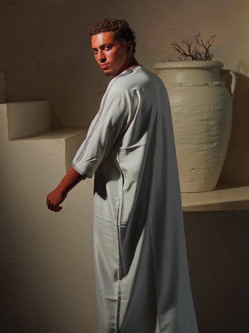 Men’s Gabardine Gandoura in White & Grey