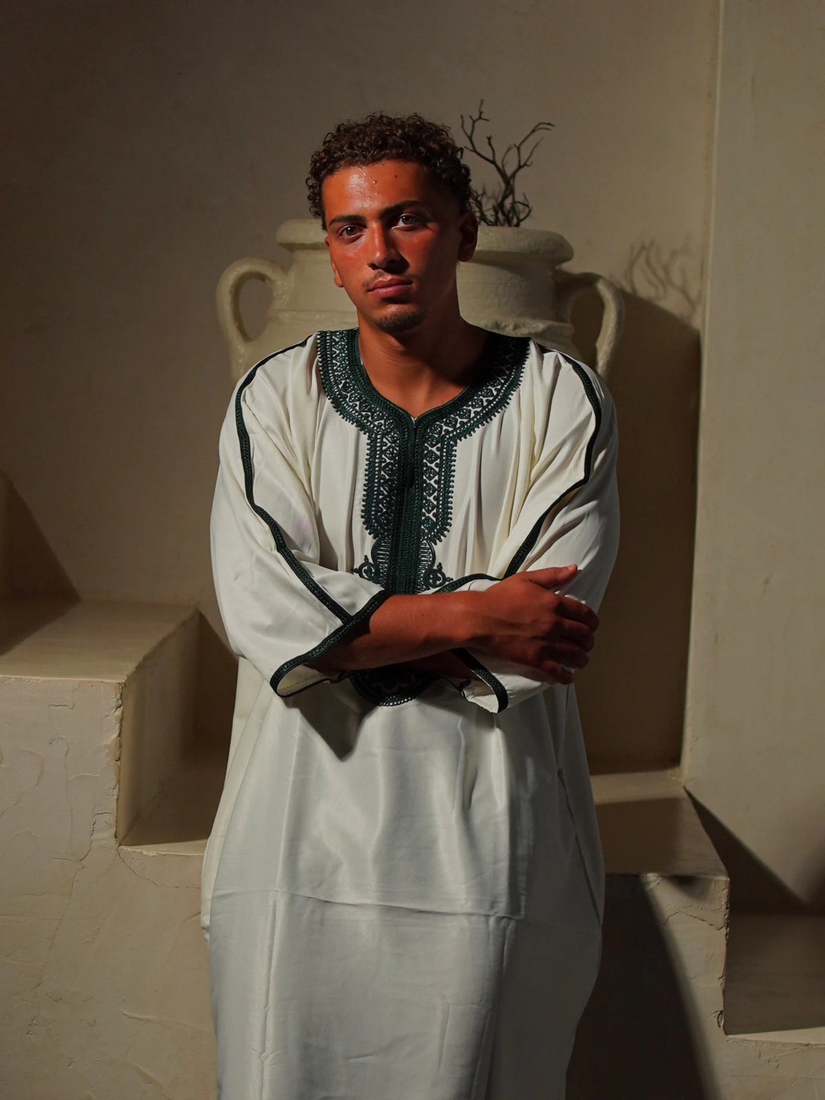 Men’s Gabardine Gandoura in White & Green