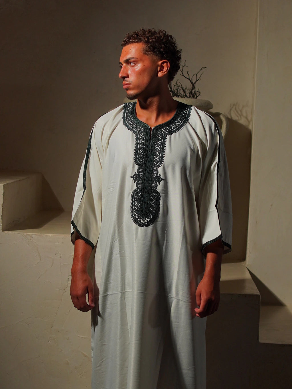 Men’s Gabardine Gandoura in White & Green